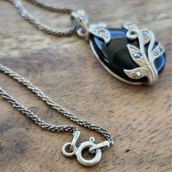 Natural Onyx Sterling Silver Marcasite Necklace 