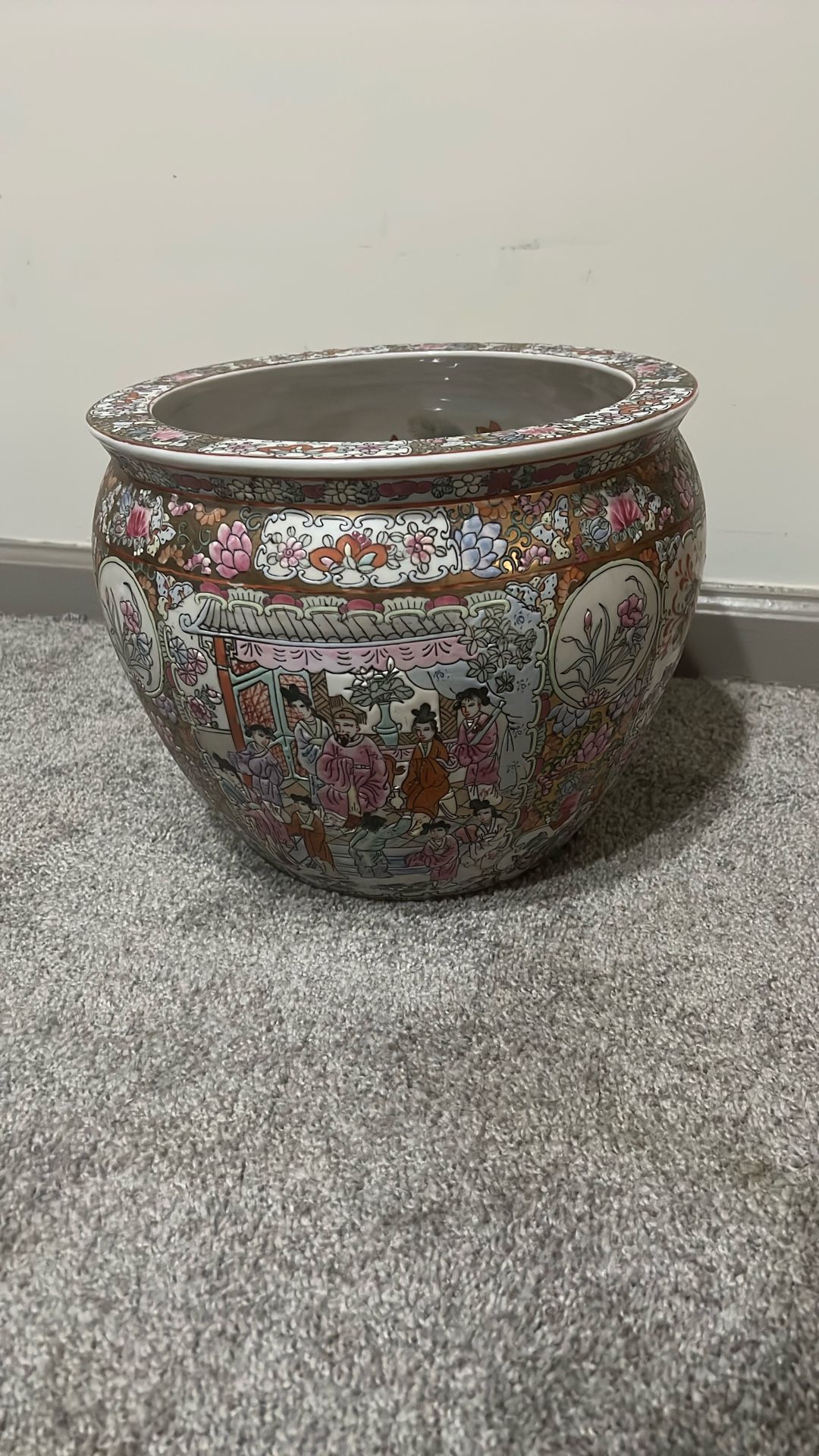 Oriental Rose Medallion Planter W/ Koi Fish 