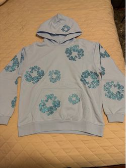 medium powder, blue denim tear hoodie