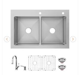 Dolancourt Tight Radius 33 in. Drop-In 50/50 Double Bowl 18 Gauge Stainless Steel Kitchen Sink with Pull-Down Faucet