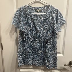 Zac & Rachel Flutter Sleeve Blue Print Blouse Size L.