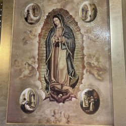 New 23"H Our Lady Guadalupe Picture Gold Shimmer Cuadro de la Virgen de Guadalupe