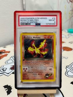 PSA 8 Rocket's Moltres Holo 1st Edition Gym Heroes