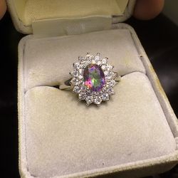 Amazing 🤩!! Mystic Topaz And White Sapphire Ring Set In 925 Sterling Silver !!
