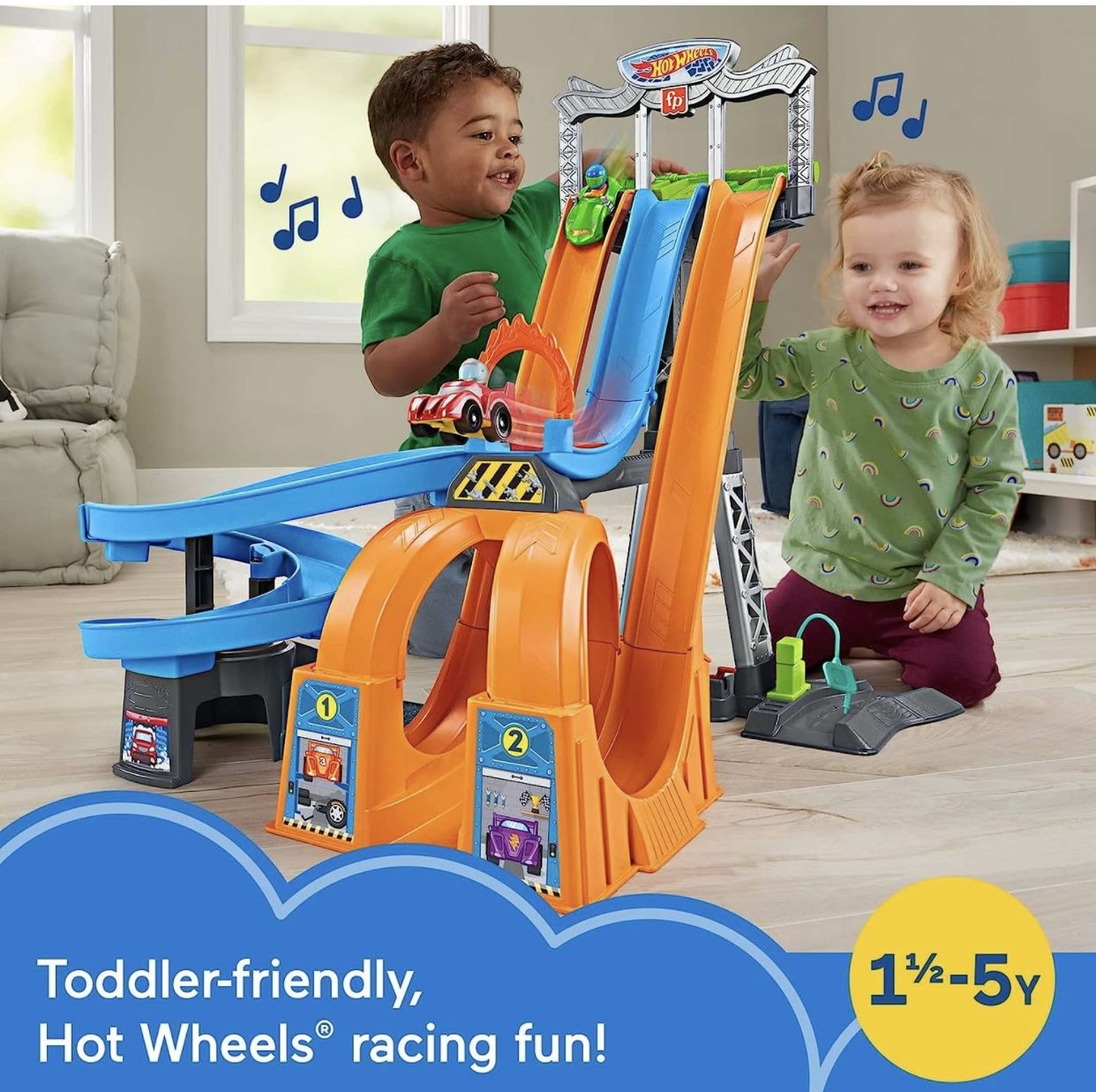 Fisher-Price Little People Toddler Playset Hot Wheels Racing Loops Tower Race Track with Stunt Ramp & Sounds for Ages 18+ Months