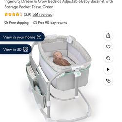 Ingenuity Dream & Grow Bedside Adjustable Baby Bassinet with Storage Pocket Tesse, Green