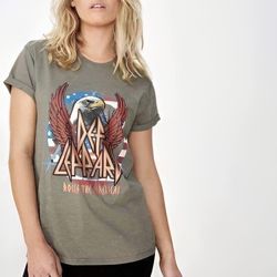 DEF LEPPARD Grey Green Acid Wash Rocks The Americas Eagle Graphic Band Tee