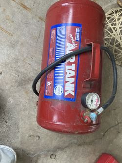 Air Works portable air tank with pressure gauge and hose. Great for inflating tires, bicycles, sports equipment, and other items when you don’t have a