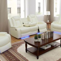 💥AMAZING 3pcs White Leatherette Reclining Living Room Set W/LED Light 👍90 To 130  days FREE FINANCING ❗ 