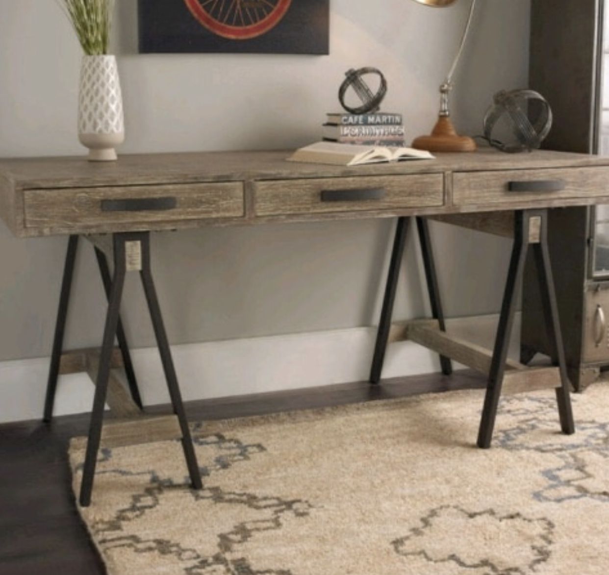DESK $235 BRAND NEW brown rustic wooden table/desk with black metal base