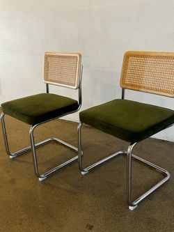Rattan, chrome, green velvet chairs (set of 2)