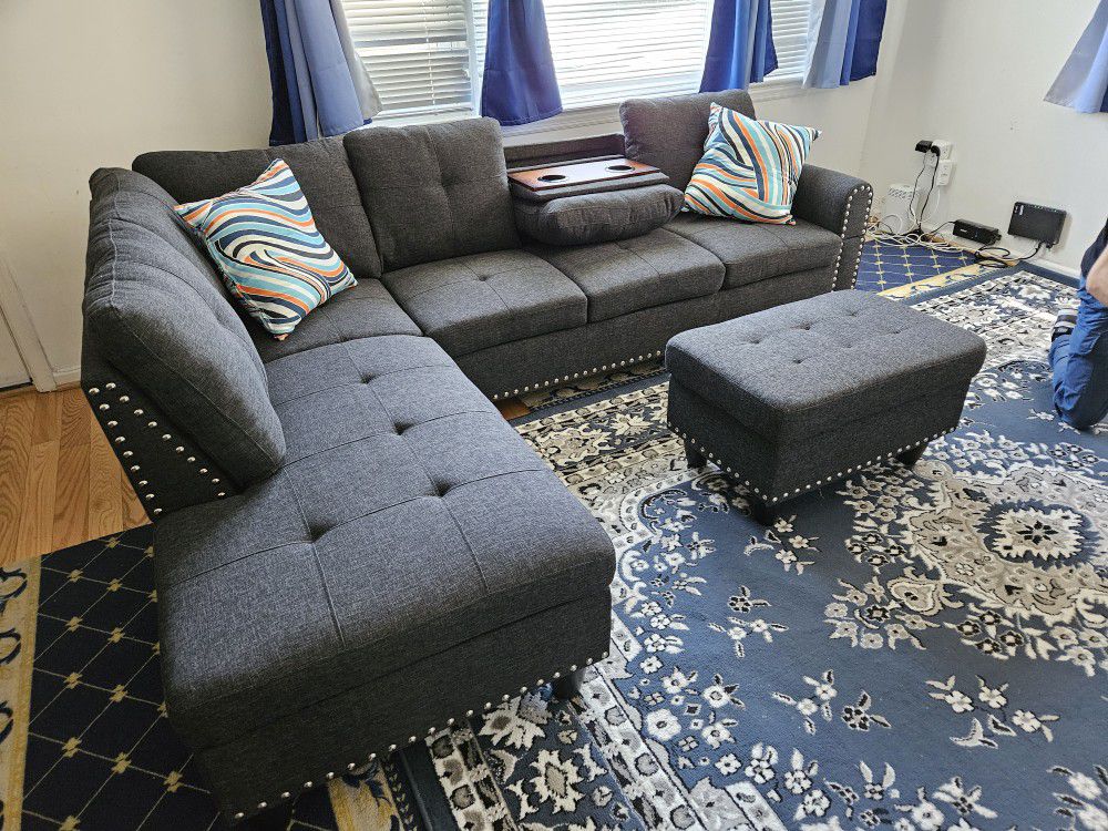 Only $52 Down High Quality Black Gray Linen Sectional With Cup Holder Pillows And Storage Ottoman