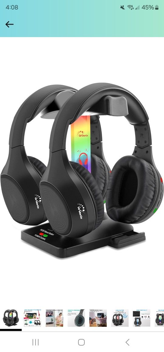 WallarGe Dual Wireless Headphones for TV Watching with
5.8GHz RF Transmitter Charging Dock, Over-On Ear TV
Headphones Wireless for 25Hrs..set Of 2