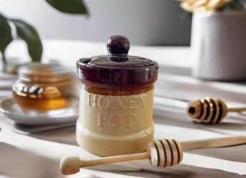 Honey Pot Crock With Wood Dipper 4”tall