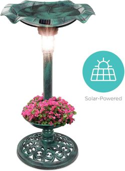 Solar Lighted Pedestal Bird Bath Fountain w/Planter, Integrated Panel - Green