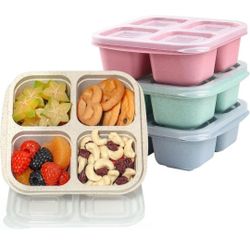 4 Pack Snack Containers, Divided Bento Snack Box, 4 Compartments Reusable Meal Prep Lunch Containers for Kids Adults, Food Storage Containers for Scho