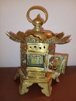 Vintage Japanese Hanging Buddhist Gold Lantern Candle stand 