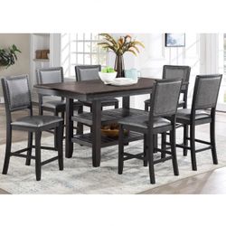 7 Piece Counter Height Dining Set With Storage Shelves Faux Leather Upholstered Chairs Brand New In Box Firm Price $780