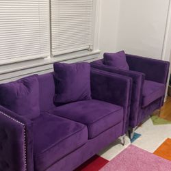 Purple Velvet Love Seat And Armchair 