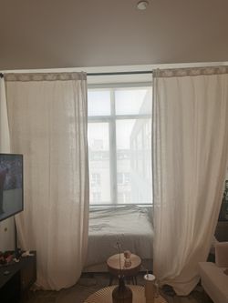 XL Ivory semi sheer curtain with tension curtai rod