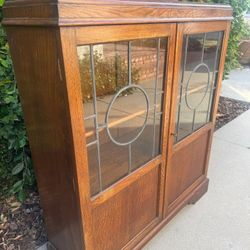 Antique Arts & Crafts Mission Oak Leaded Glass Bookcase/Display Cabinet