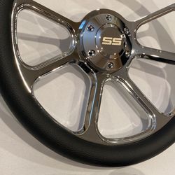 14 Inch Black Leather And Polished Billet Wheel Fits 1973-94 Chevy Column 