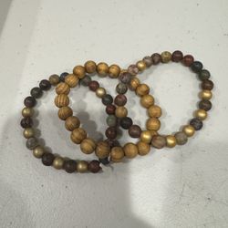 Unisex Mixed lot of 3 natural Mookaite and wooden beaded stretch bracelets