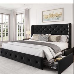 New in box LARMACE Queen Size Bed Frame with 4 Storage Drawers and Wingback Headboard Upholstered Platform Beds Velvet Tufted Bed Frame with Wooden Sl