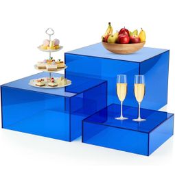 Bouiexye 6Pcs Blue Buffet Risers Acrylic Boxes Display Risers Food Risers For Buffet Table Display Riser For Platter Parties Weddings Catering Dessert