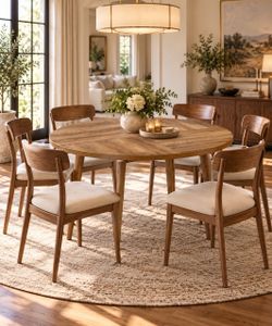 47.2-Inch Round Dining Table for 4-6 People Circle Kitchen Table with Tapered Legs, Curved Transitions, for Dining Room, MAEZO Collection, Honey Brown