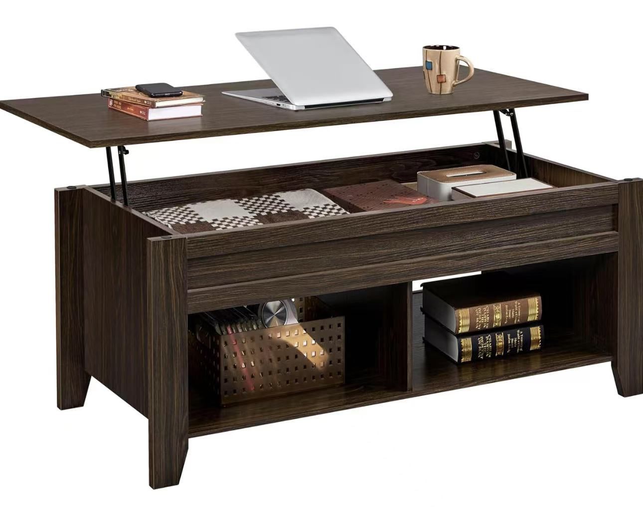 Lift Top Coffee Table Pop Up Center Table 47.5'' L Espresso Hidden Storage Compartment, 2 Open Shelves, Rising Tabletop, Living Room, Reception Room