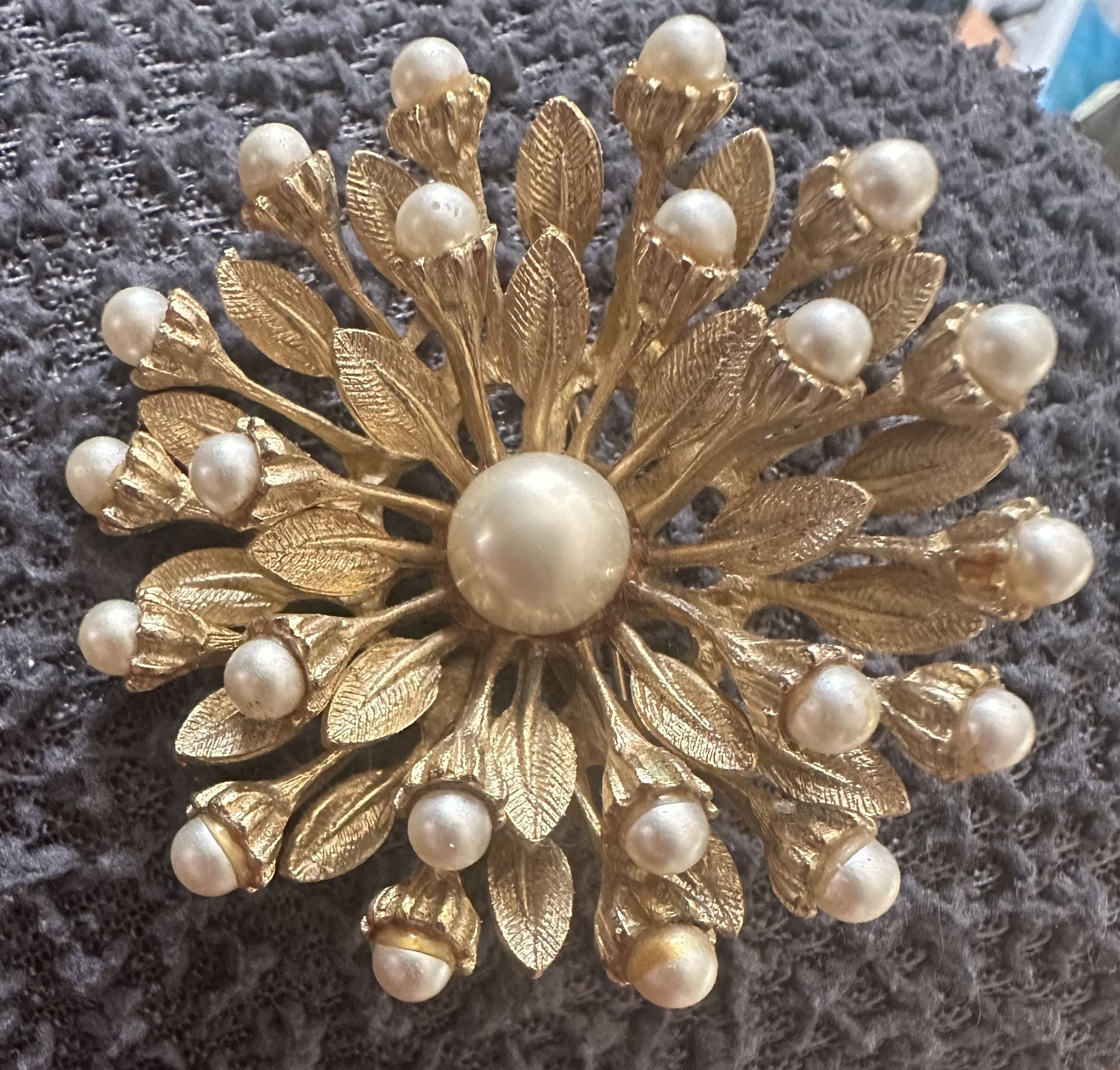 VINTAGE Brooch By PAM faux Pearl And Gold Finish