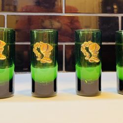 Beautiful Set Of 6 Emerald Green Cordial/shot Glasses With Knights Helmets