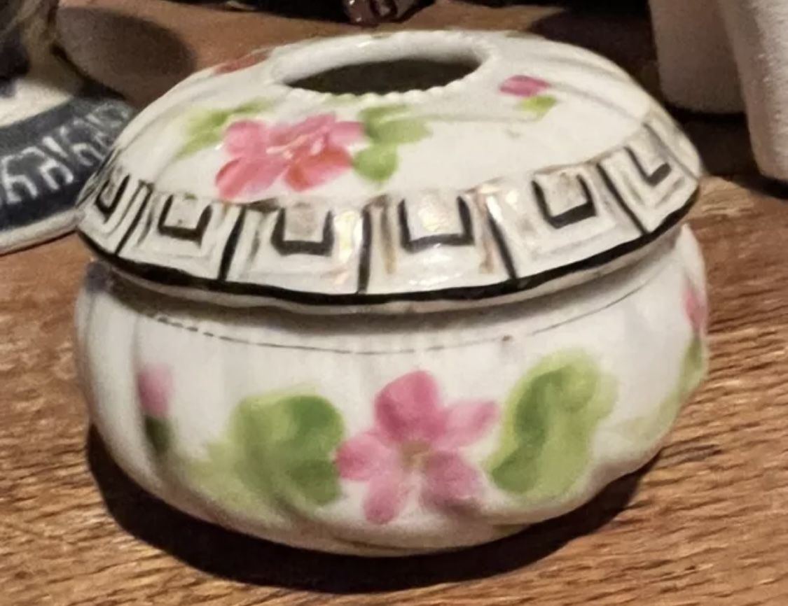 ANTIQUE HAND PAINTED HAIR RECEIVER DRESSER VANITY PINK FLOWERS