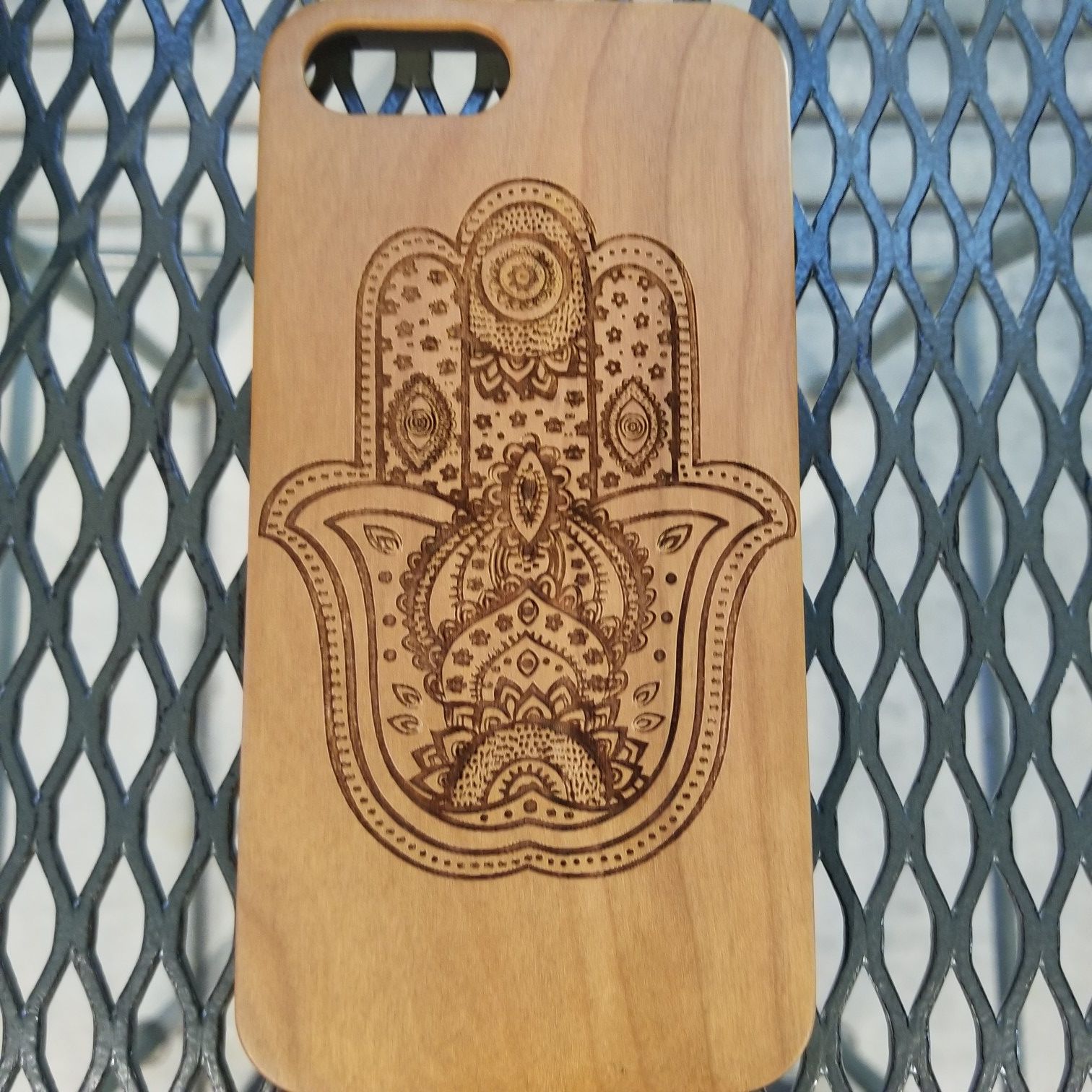 Hamsa design laser engraved wood case for iPhone and Samsung Galaxy