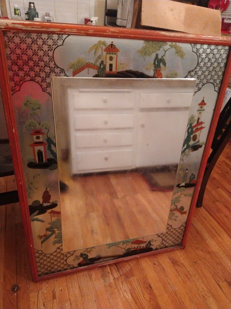 Antique Mirror With Asian Art