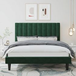 Queen Size Platform Bed Frame with Upholstered Velvet Channel Headboard, Green