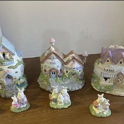 ❤️1993 Vintage Lighted Hopalong Hollow Easter Village Bunny Rabbit 8 piece set❤️HAND PAINTED❤️