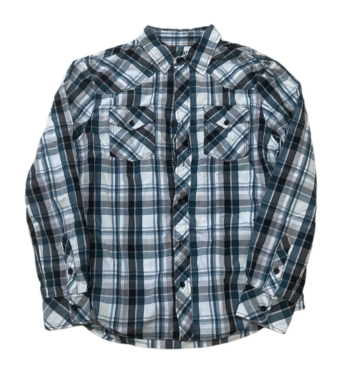 Reclaim Button Up Men’s Large Blue Plaid Pocket Relaxed Long Sleeve Casual Shirt