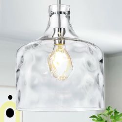 New 16" Extra Large Vintage Pendant Light Hand-Blown Clear Hammered Glass Shade, Adjustable Height