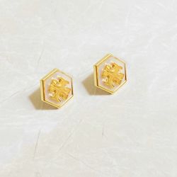 Tory Burch Stud Earrings White Stone With Gold