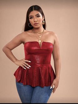 Elegant Red Strapless Faux Snake Skin Peplum Top 2XL