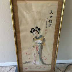 Large Framed Vintage Oriental Scroll Painting