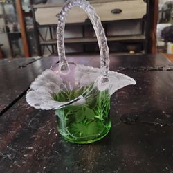 Vintage Green And Clear Etched Glass Basket