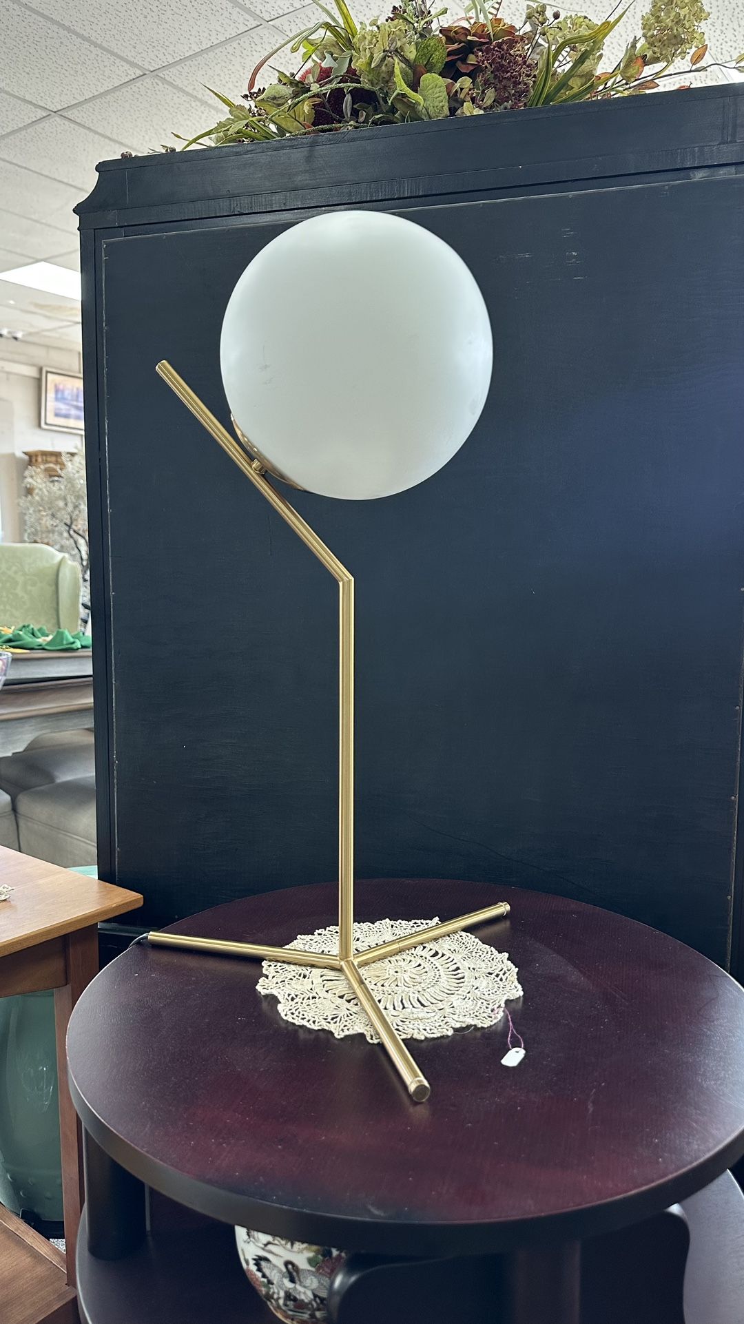 22” Brass Metal Table Lamp With A White Glass Shade