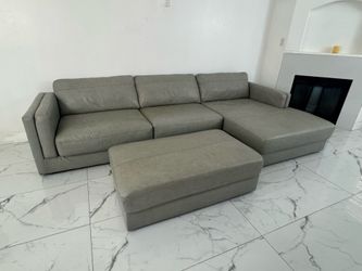 Modern Gray Leather Sectional Couch Sofa w/ Chaise + Ottoman