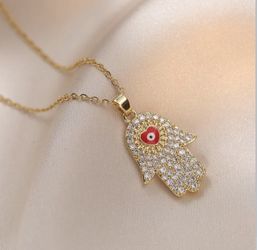 Gold Plated  Pave Hamsa Necklace 