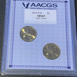 Uncirculated Two Graded 2019 P/D Sacagawea $1 Coins. 
