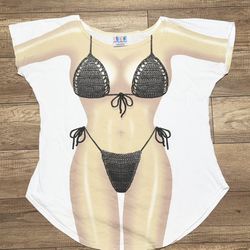 VTG My Bikini LA Imprints Novelty Black Crochet Bikini Graphic T Shirt Womens OS