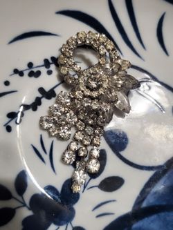 Vintage Clear Rhinestone Waterfall Brooch Dangle Tassel Bridal Spray Pin